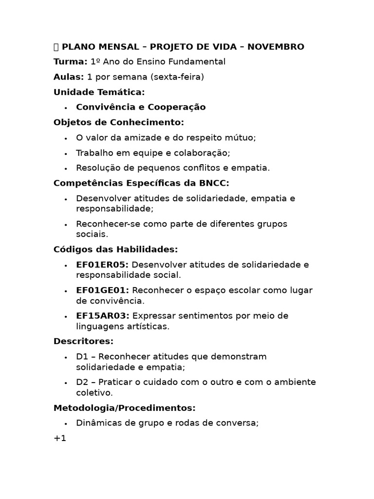 ? PLANO Projeto de Vida Nov e Dezembro | PDF | Empatia | Solidariedade