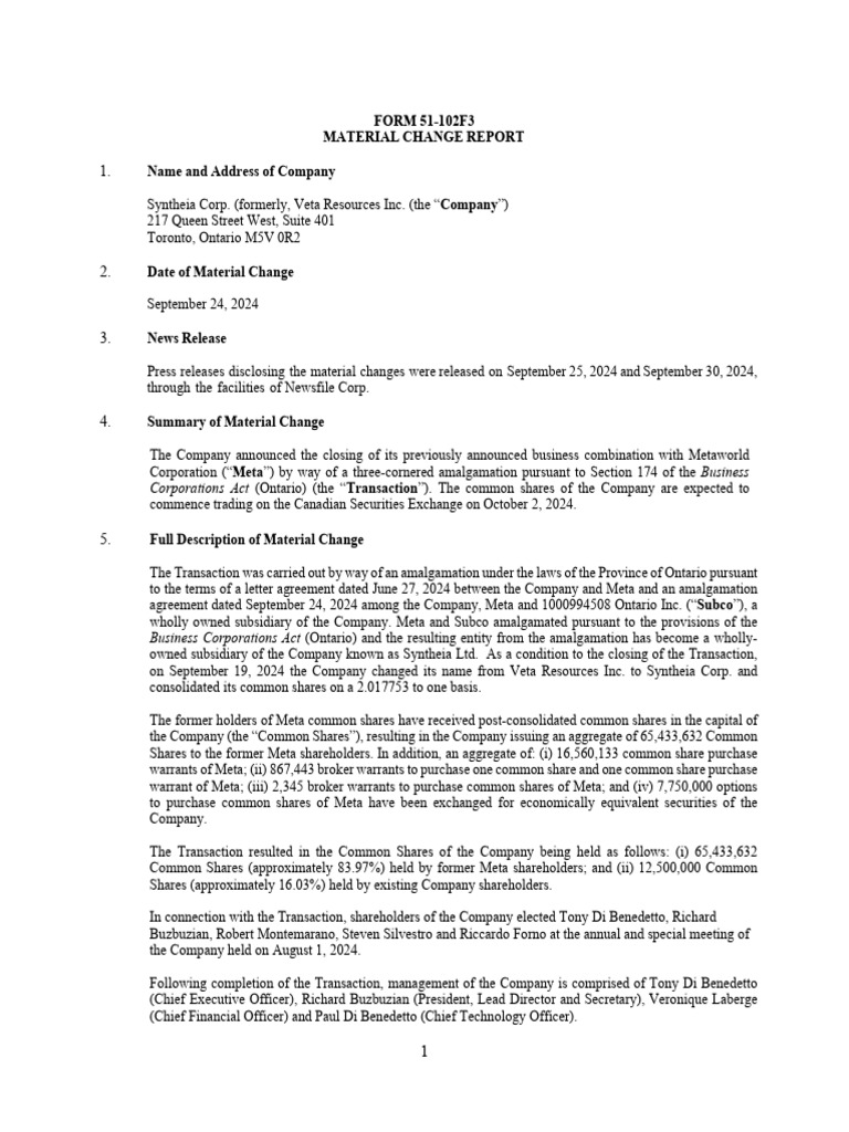 2 - Form 51-102F3 - Material Change Report - September 30 2024 v1 | PDF ...