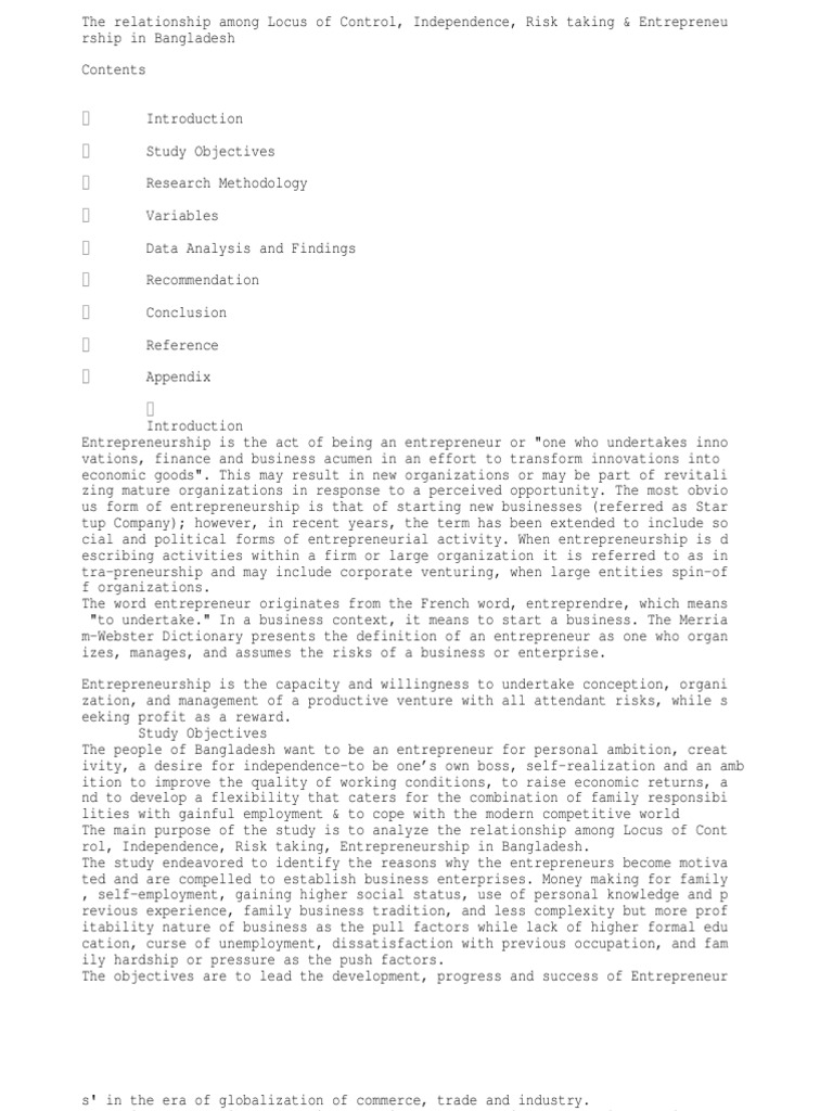 Locus of Control and Entrepreneurship in Bangladesh | PDF ...
