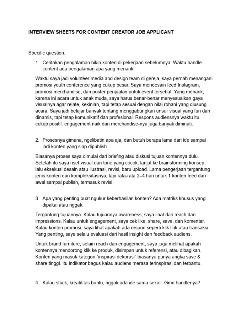Interview Sheet For Content Creator Job Applicant | PDF