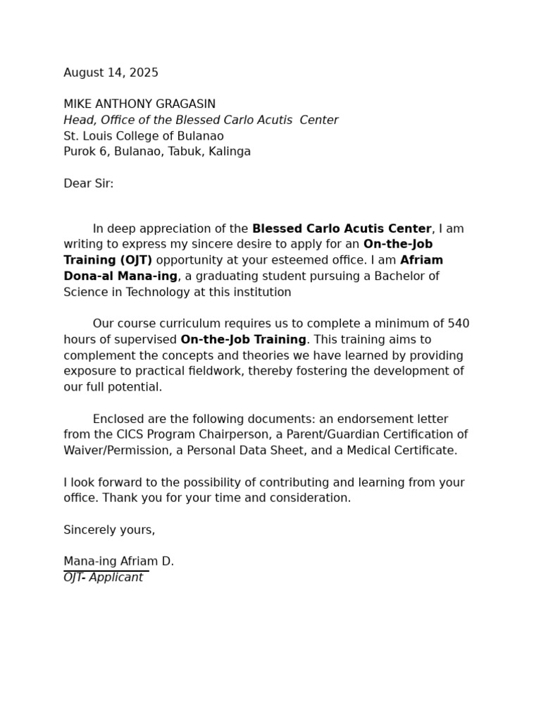 Letter of Application For OJT | PDF