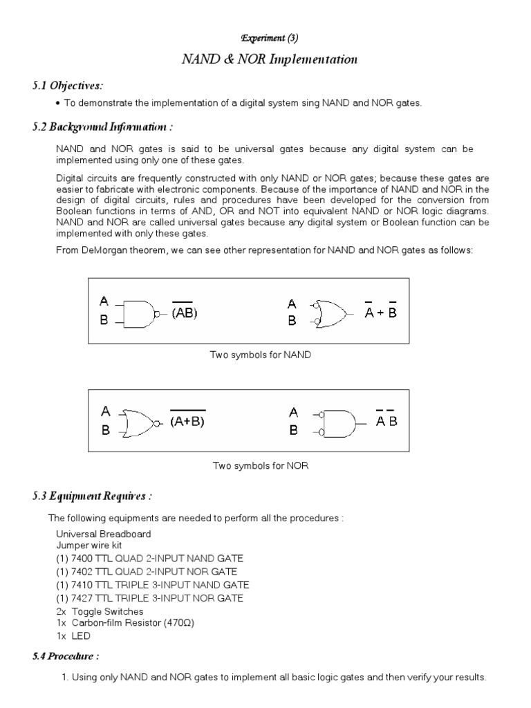 NAND & NOR Implementation: 5.1 Objectives: 5.2 Background Information | PDF