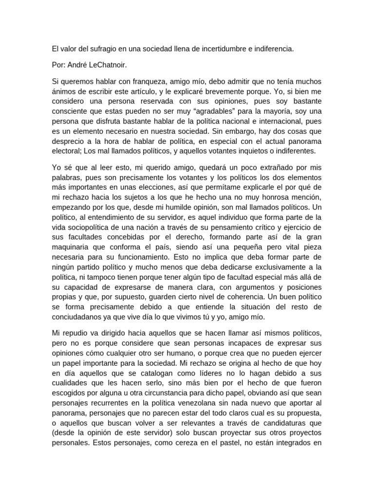El Valor Del Voto en Una Sociedad Llena de Incertidumbre e Indiferencia ...