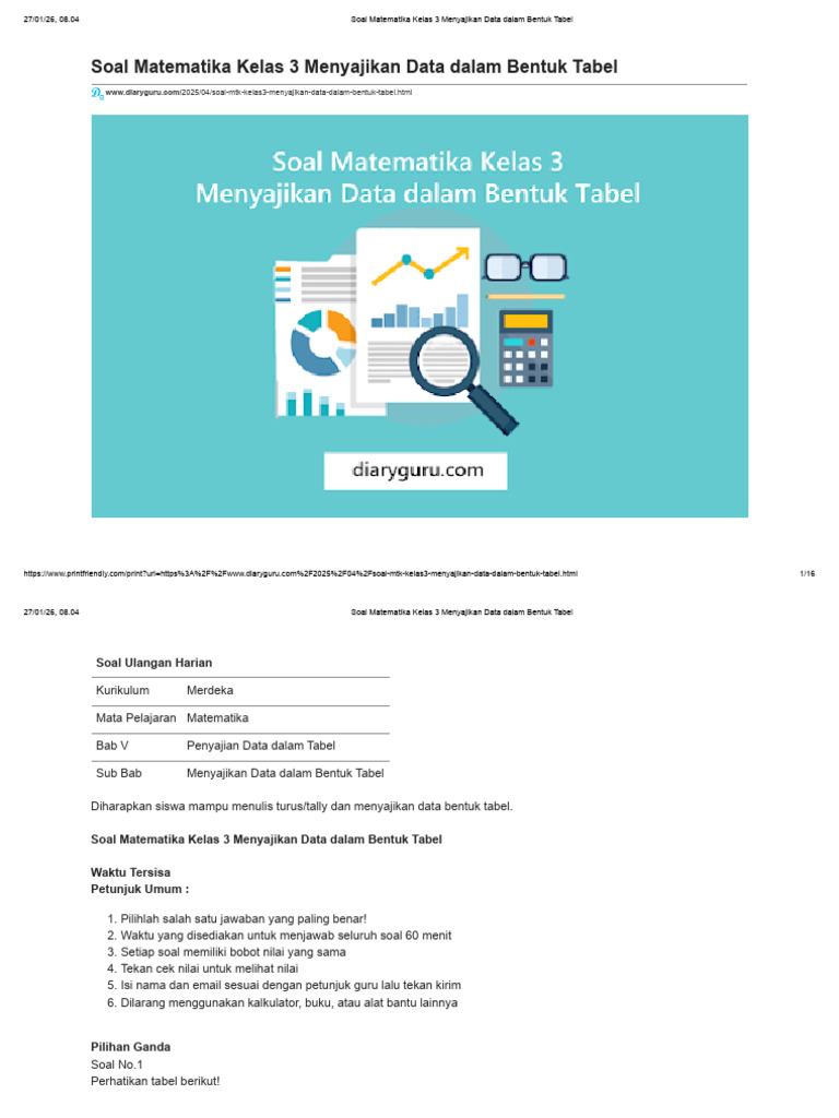Soal Matematika Kelas 3 Menyajikan Data Dalam Bentuk Tabel | PDF