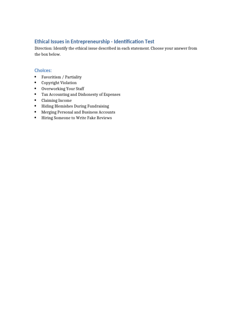 Ethical Issues Identification Test With Answer Key | PDF ...