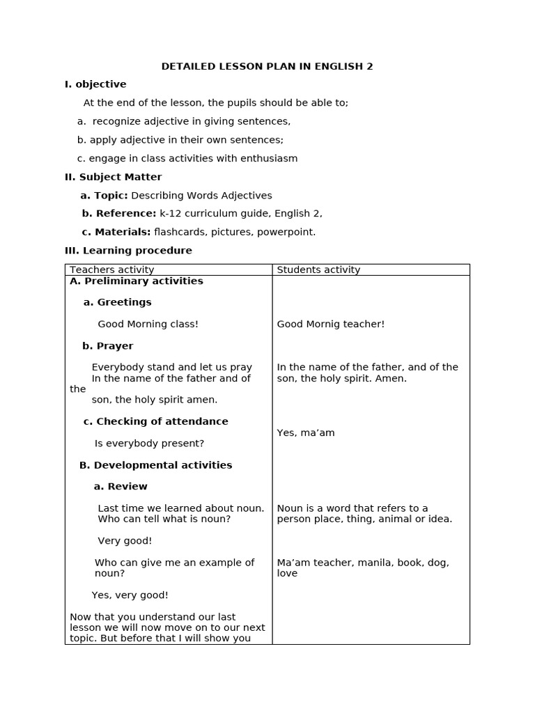 Detailed Lesson Plan in English 2 | PDF | Adjective | Lesson Plan