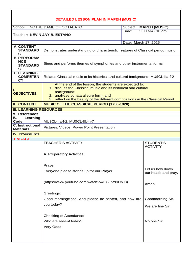 Lesson Plan Music of The Classical Period Final | PDF | Classical ...