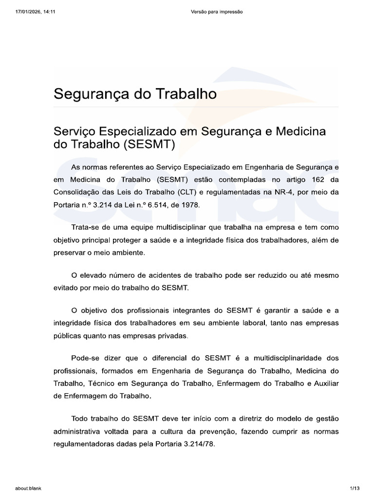 Serviço Especializado em Segurança e Medicina Do Trabalho (SESMT) | PDF