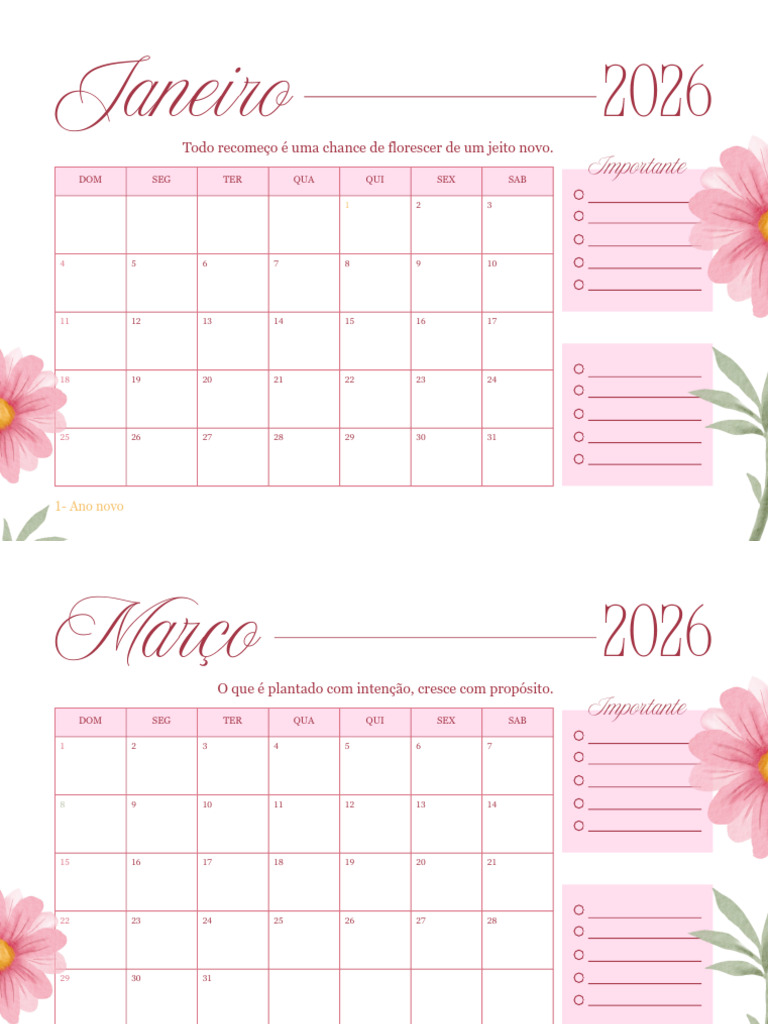 Calendário Mensal 2026 Floral Aquarela Rosa Delicado A5 Paisagem | PDF