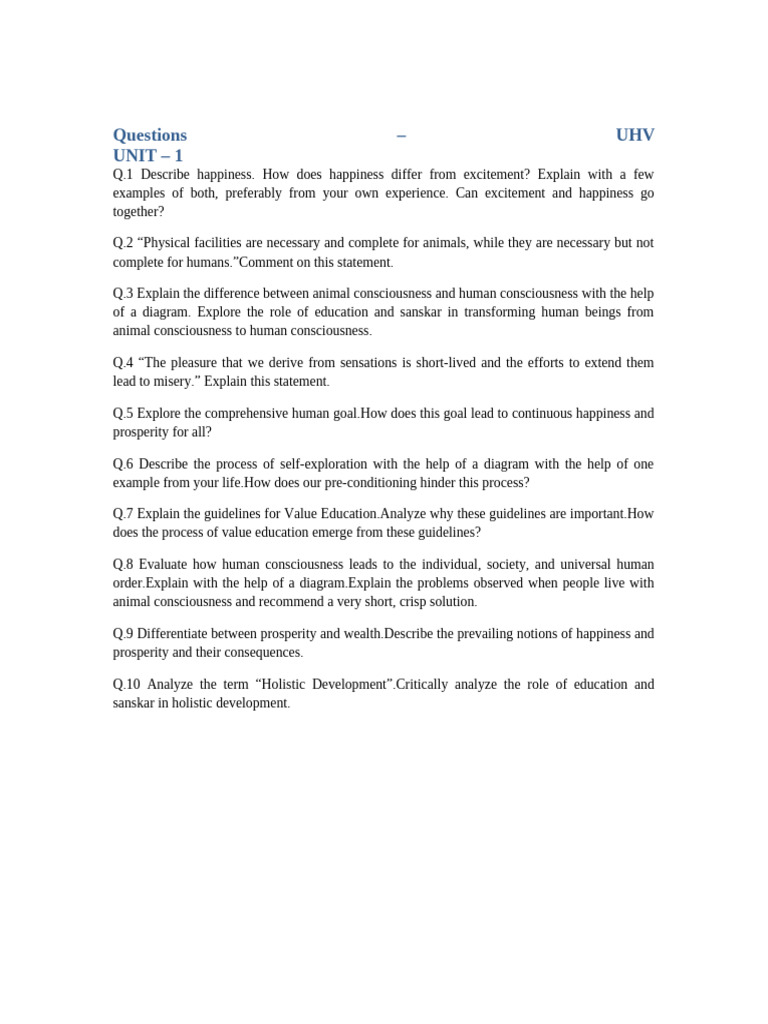 UHV Unit 1 Questions | PDF