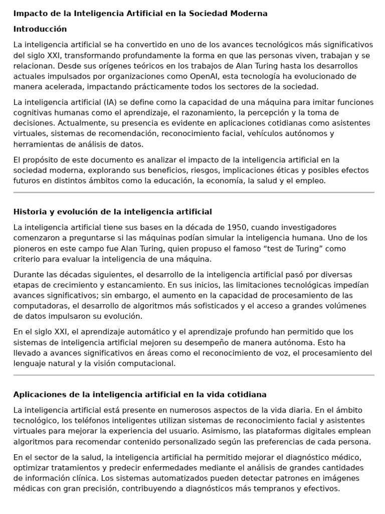 Impacto de La Inteligencia Artificial en La Sociedad Moderna | PDF ...