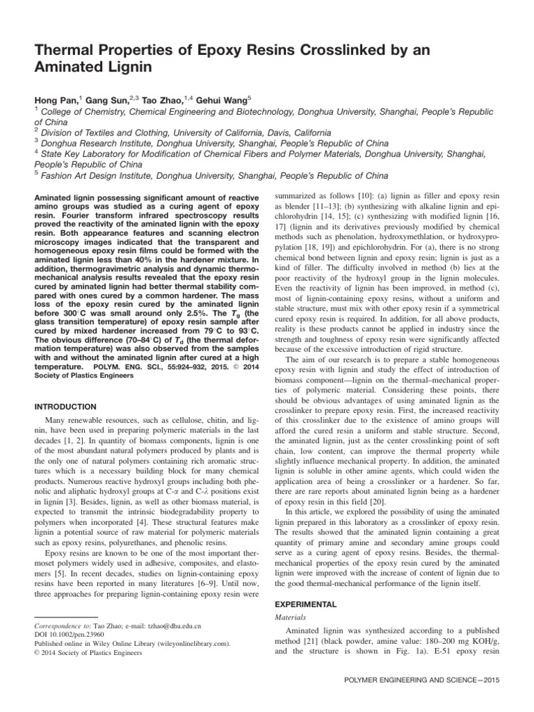 Thermal Properties of Epoxy Resins Crosslinked by An Aminated Lignin ...