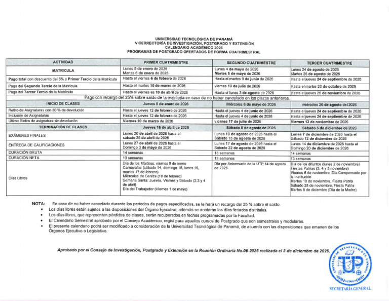 Utp Calendario Cuatrimestral Programas Postgrado 2026 | PDF