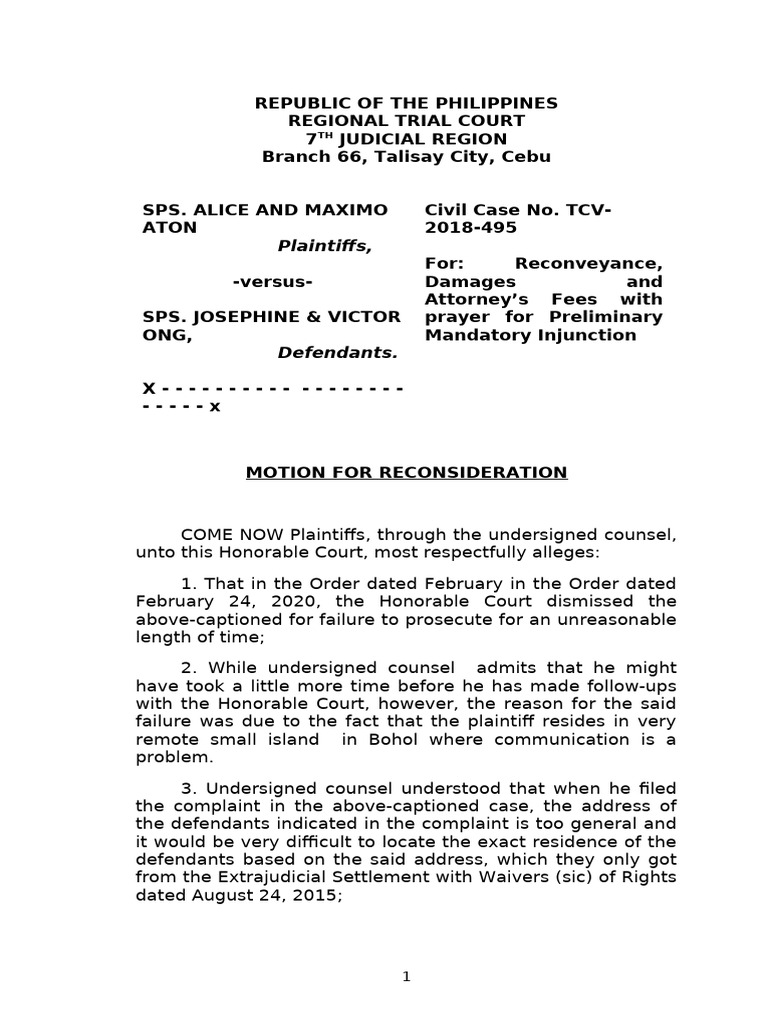 Motion For Reconsideration Complaint Answer Aton | PDF | Complaint ...