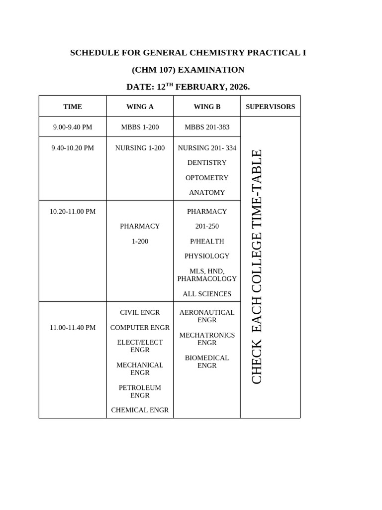 Schedule For General Chemistry Practical I CHM 107 Exam | PDF
