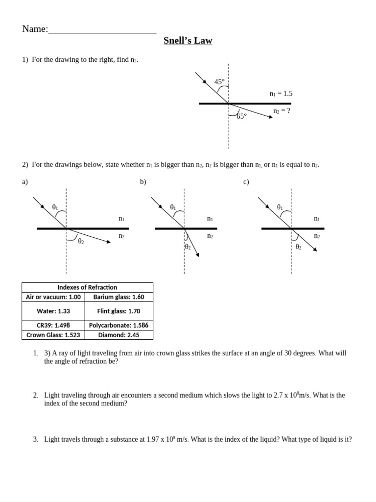 Snells Law Refraction Worksheet | PDF | Refraction | Refractive Index