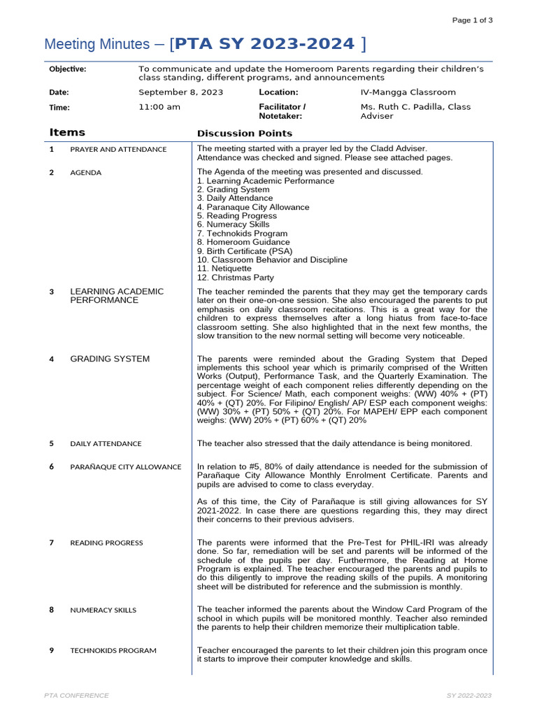 Format - Homeroom Pta Mins of The Meeting | PDF | Teachers
