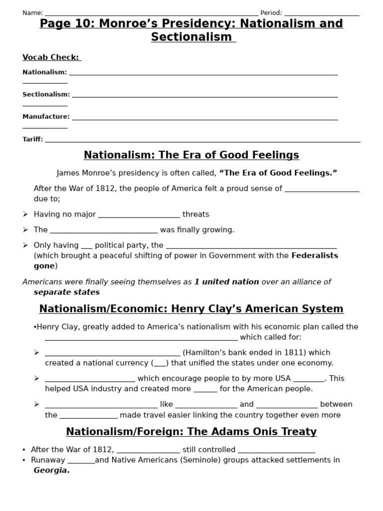 10 Nationalism Vs Sectionalism NOTES PAGE | PDF | James Monroe | War Of ...