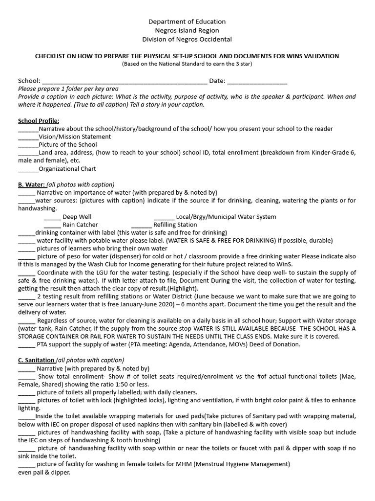 SBM WINs Checklist 2023 2024 | PDF | Hand Washing | Water