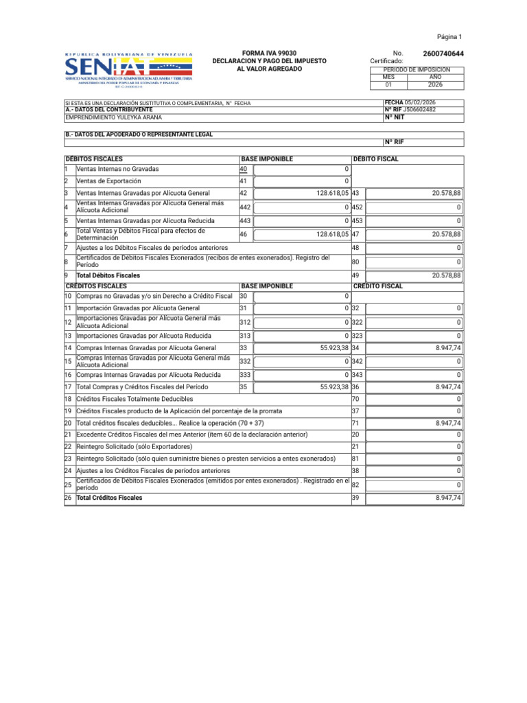 Declaración de IVA Ene 26 | PDF | Impuesto al valor agregado | Impuestos