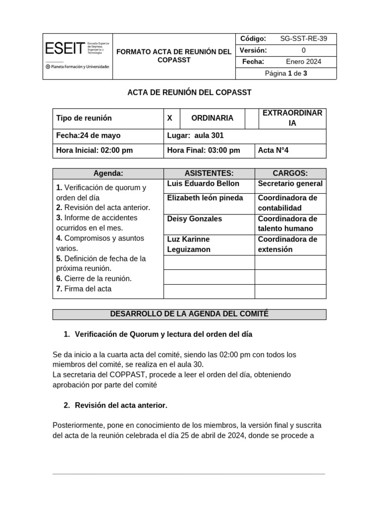 5 Formato de Acta de Reunión Del COPASST Mayo 2024 | PDF