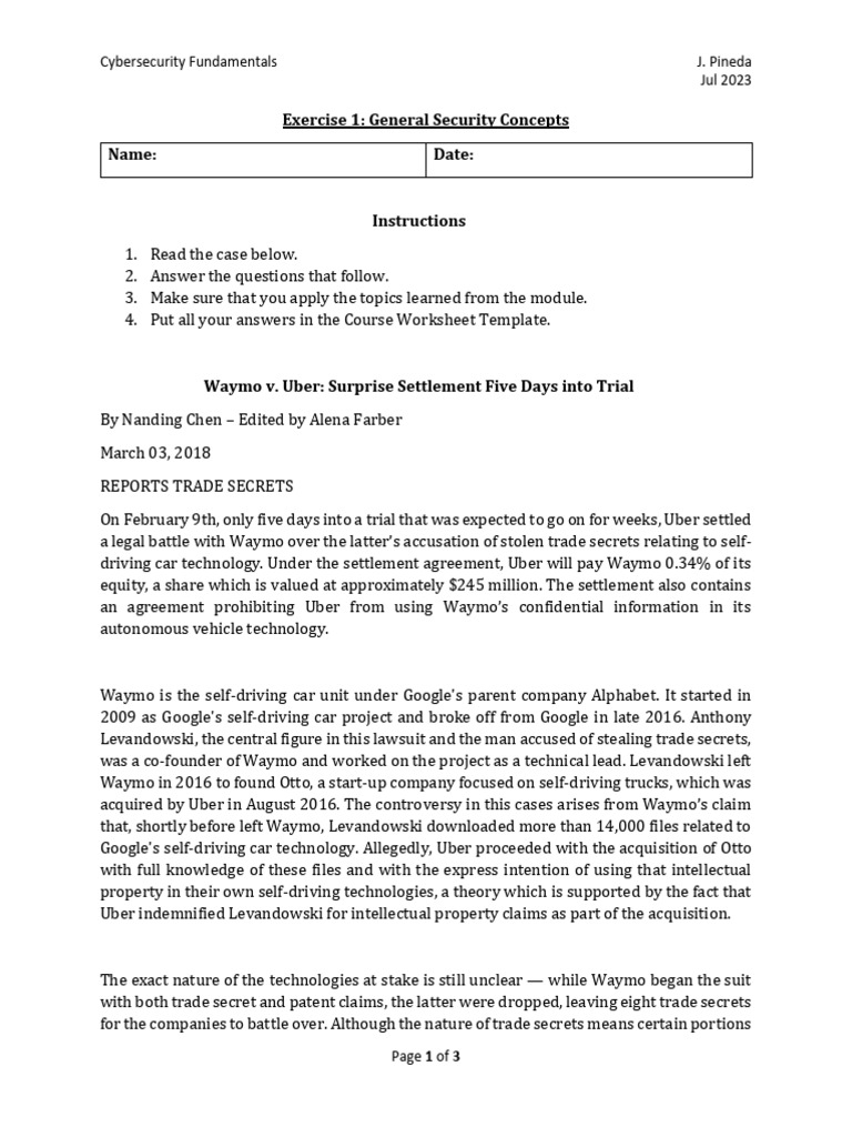 2023 Exercise 1 - Waymo vs. Uber v3.0 | PDF | Waymo | Trade Secret