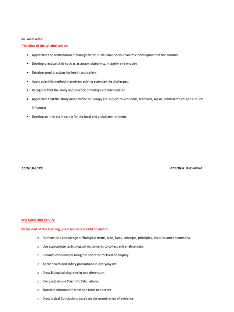 Tauya Mhembere Bio Form 3 Term 1 Scheme - 110328 | PDF | Learning | Osmosis