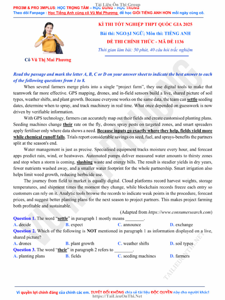 Co Vu Mai Phuong de Thi Tieng Anh THPTQG 2025 Ma 1136 | PDF