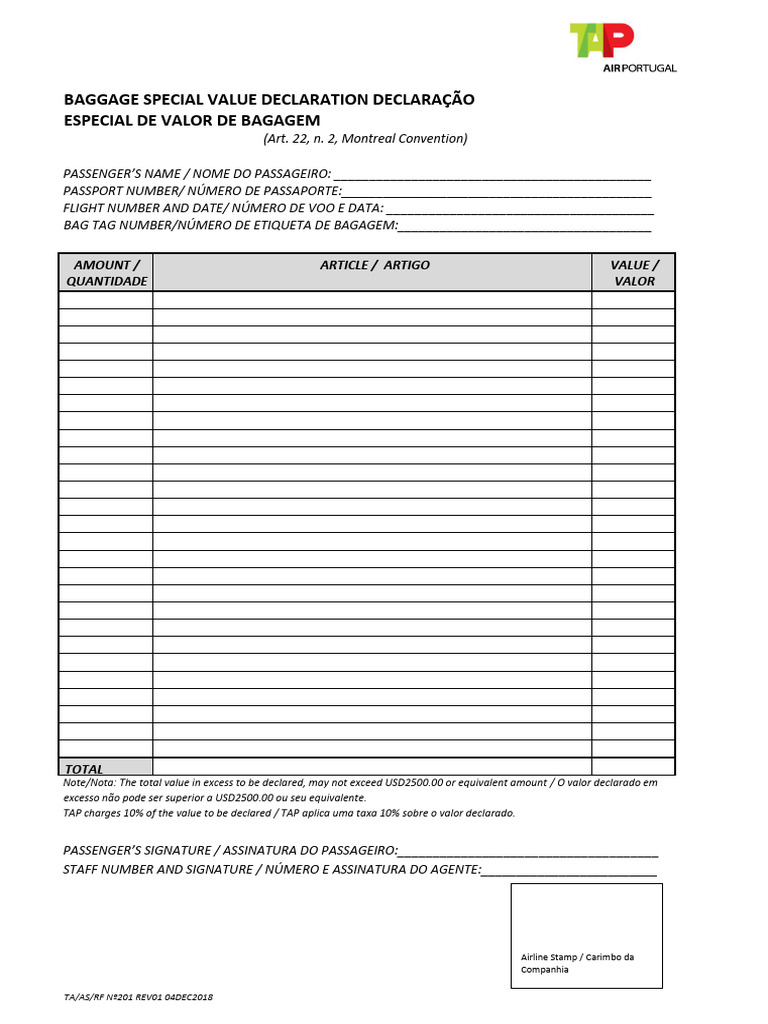 Ta As Rf-2018-Baggage Special Value Declaration | PDF
