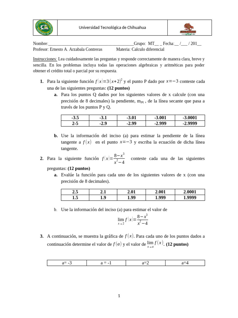 Copia de Utch Examen Calc Diff I | PDF | Objetos matemáticos ...