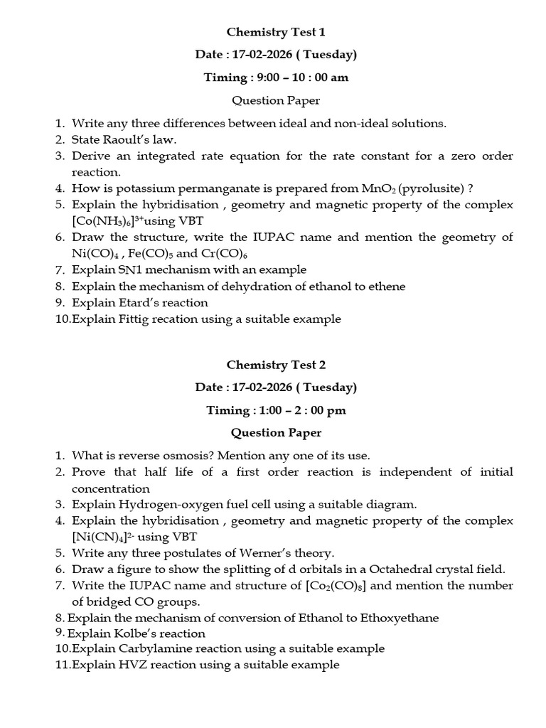 Remedial Test Question Paper-1 | PDF | Chemical Reactions | Chemistry