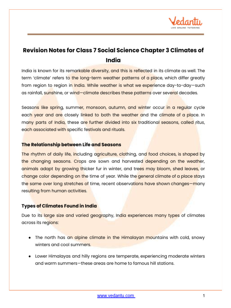 CBSE Notes Class 7 Social Science Chapter 3 - Free PDF | PDF | Monsoon ...