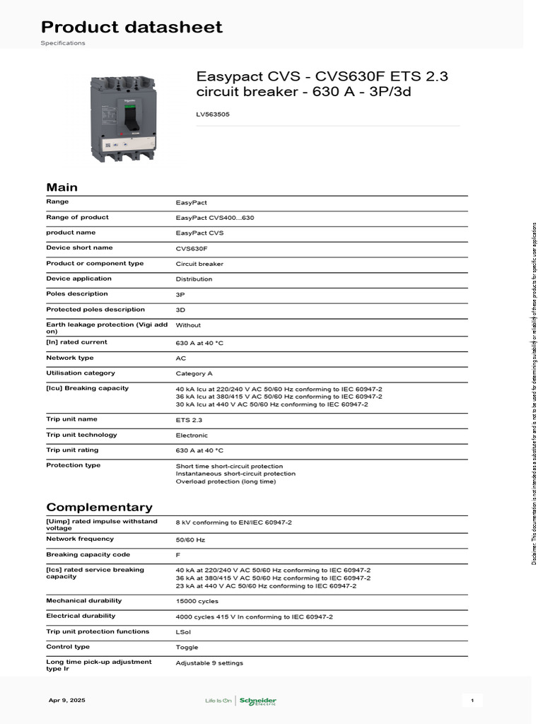 Schneider Electric EasyPact-CVS-MCCB LV563505 | PDF | Alternating ...