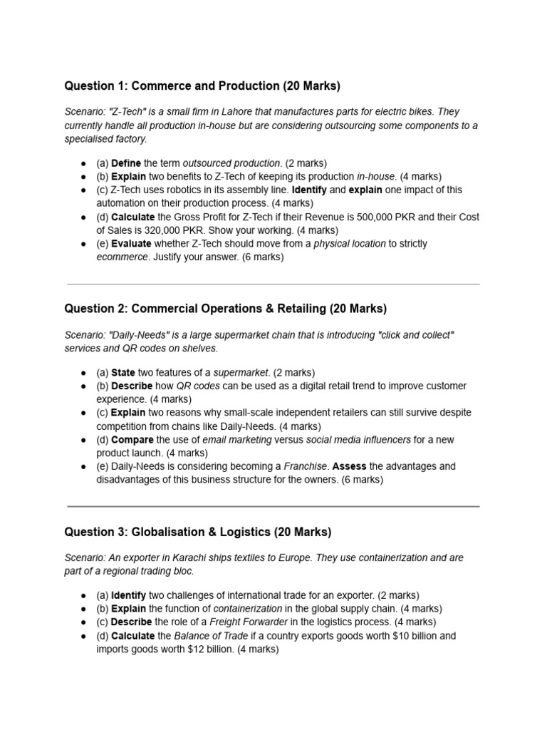 Commerce Mock Paper | PDF | Commerce | Balance Of Trade