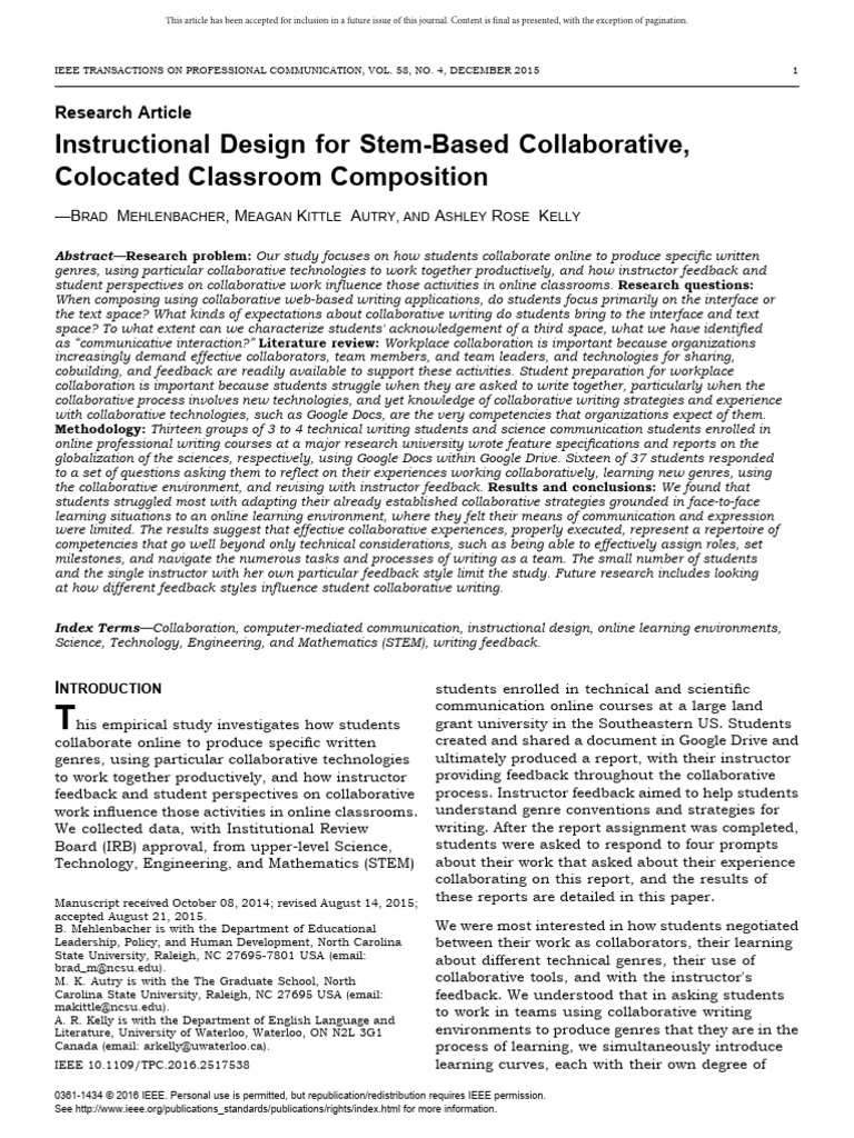 Instructional Design For Stem-Based Collaborative, Colocated Classroom ...