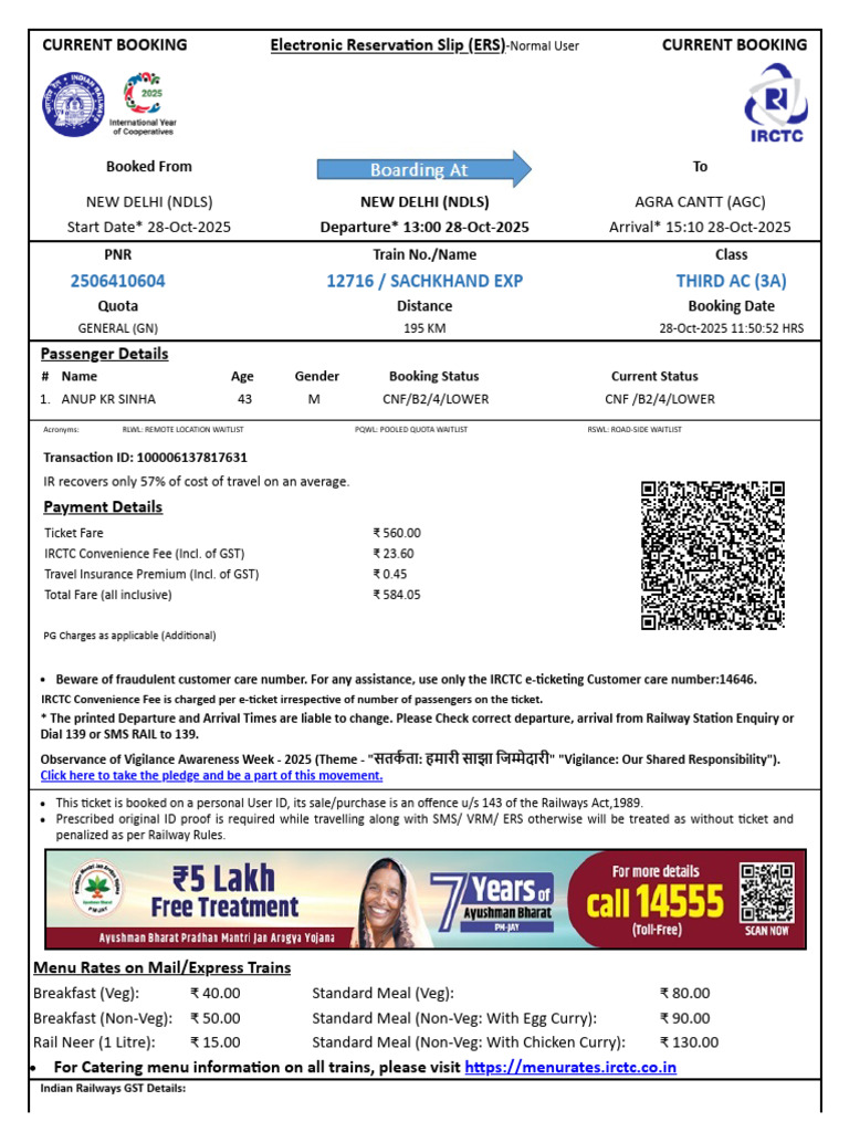 Sachkhand Exp Third Ac (3A) : Current Booking Electronic Reservation ...