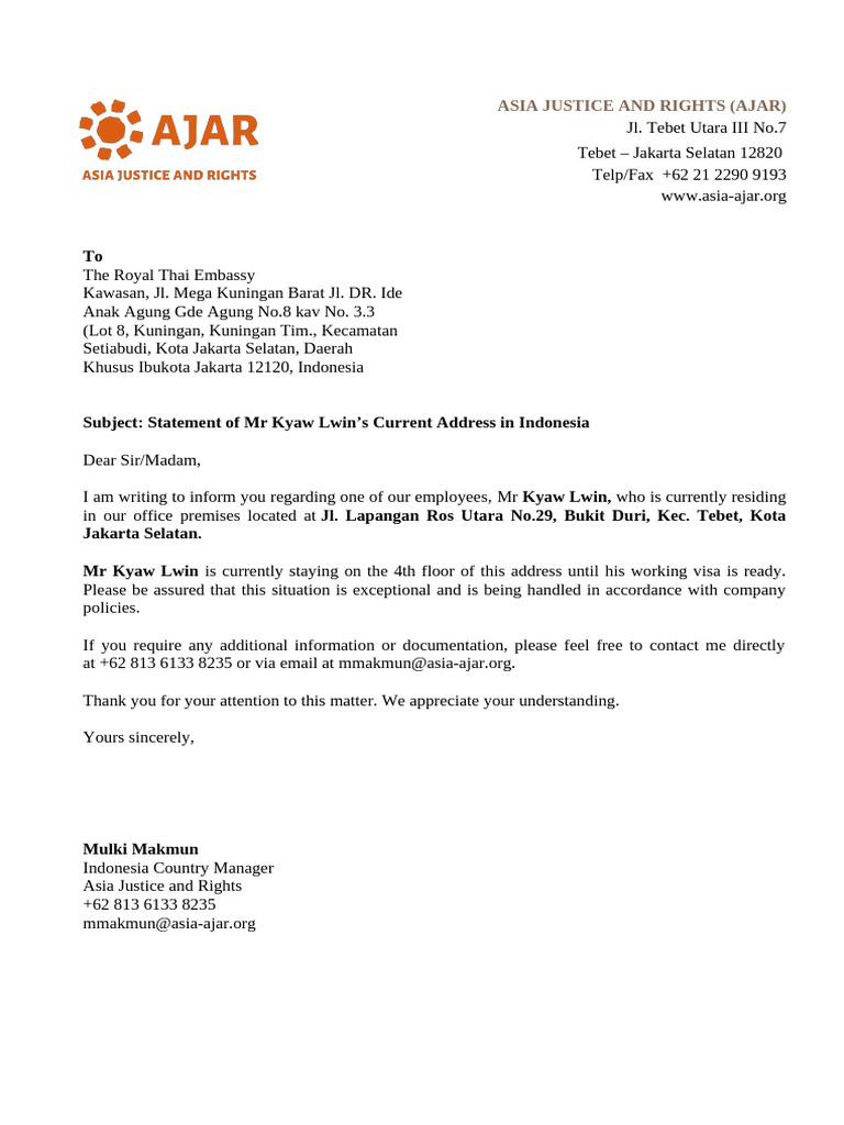 Statement Letter For Address in Indonesia - Kyaw Lwin - Visa | PDF