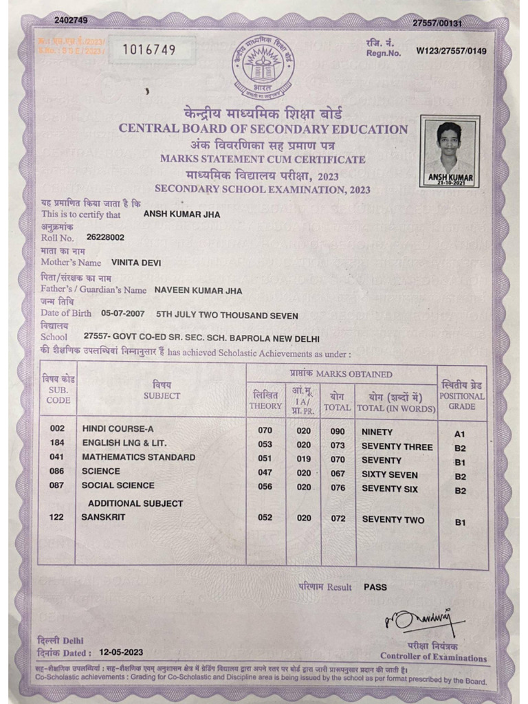 Class X Marksheet | PDF