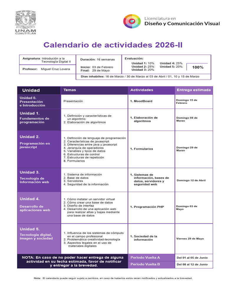 Intro. Tec. II - Calendario 2026-II | PDF | Aplicación web | Script Java