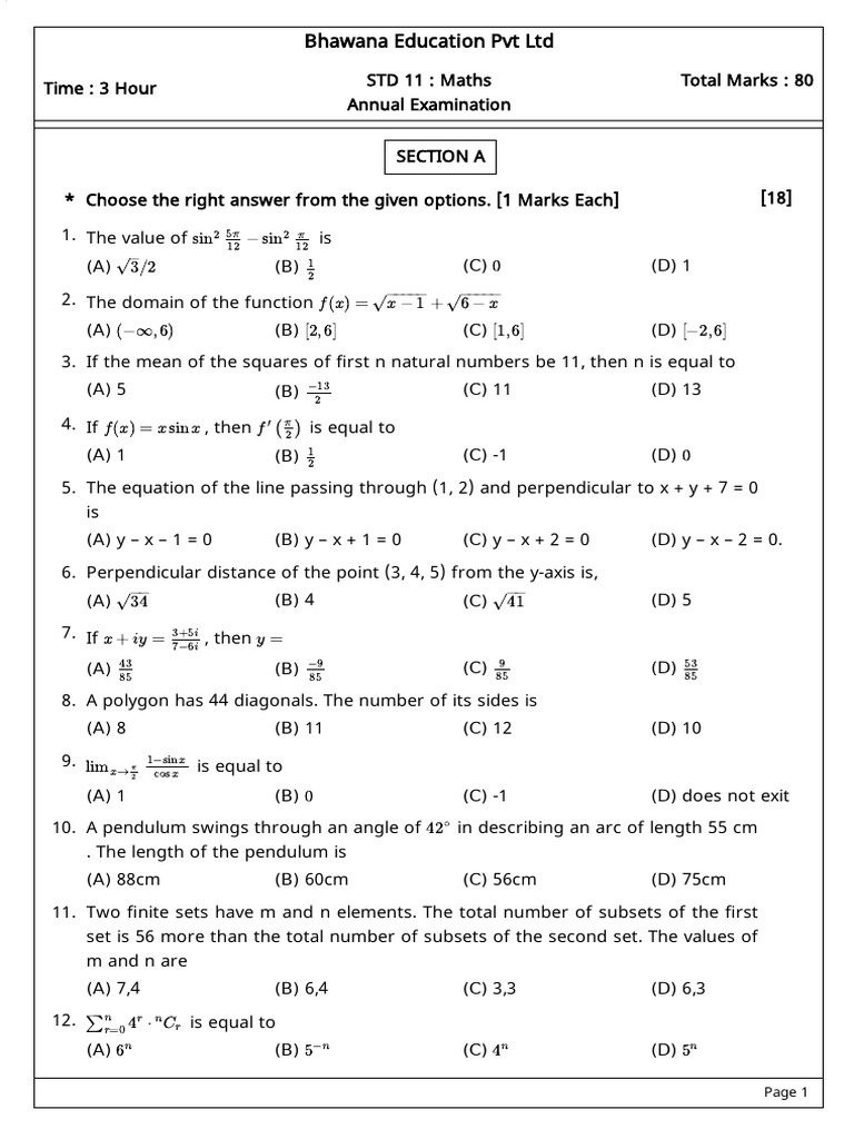 XI Maths Annual Examination | PDF | Euclidean Geometry | Mathematical ...