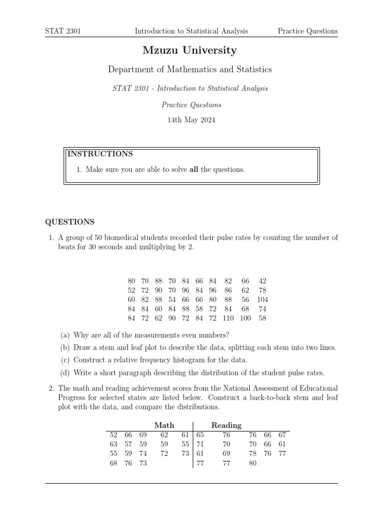 Stat2301 Practice Questions 054851 | PDF | Sample Size Determination ...