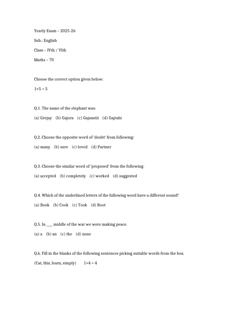 Yearly Exam English 2025 26 | PDF
