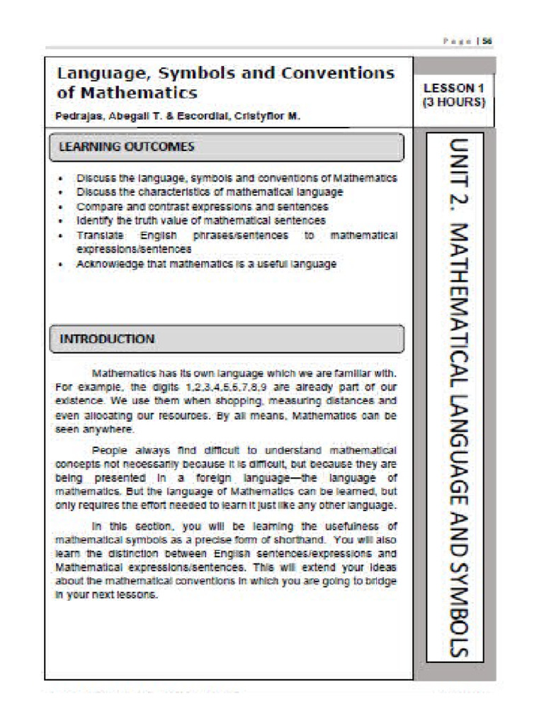 Unit 2 Lesson 1. Language Symbols and Conventions of Mathematics | PDF