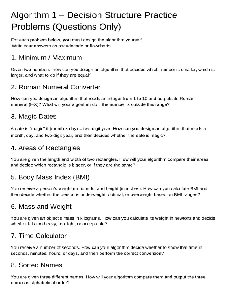 Decision Structure Practice Problems (Without Steps) | PDF