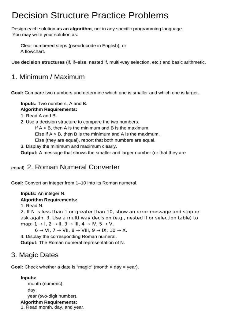 Decision Structure Practice Problems (With Steps) | PDF