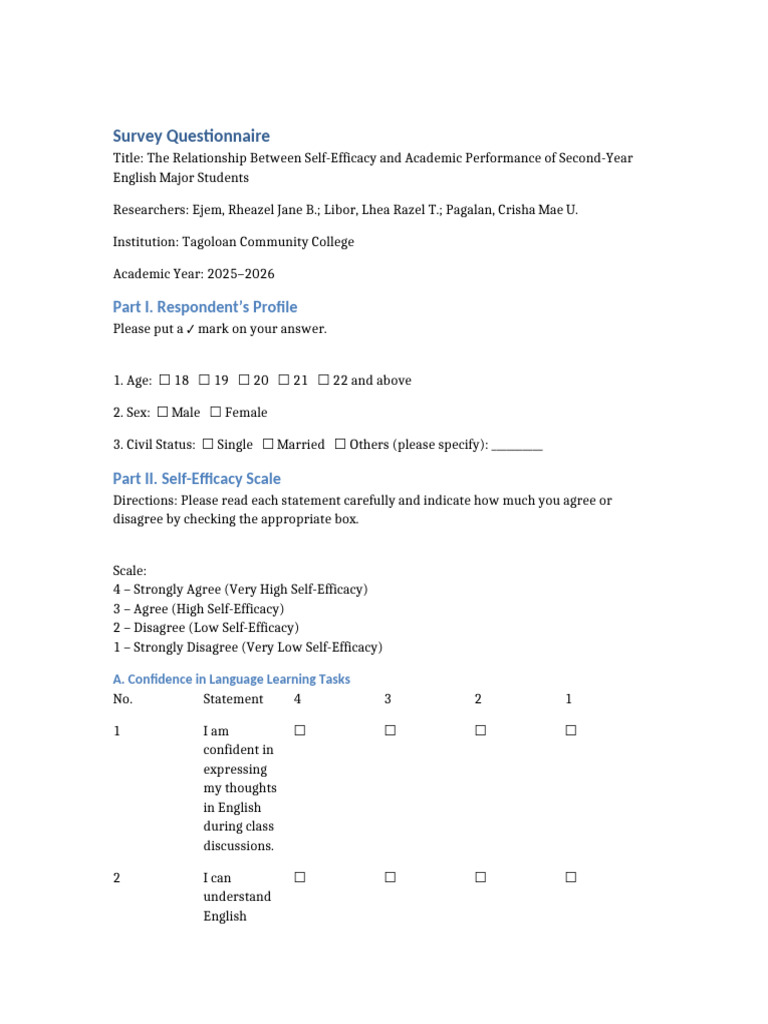 SelfEfficacy Survey Questionnaire | PDF | Self Efficacy | Cognitive ...