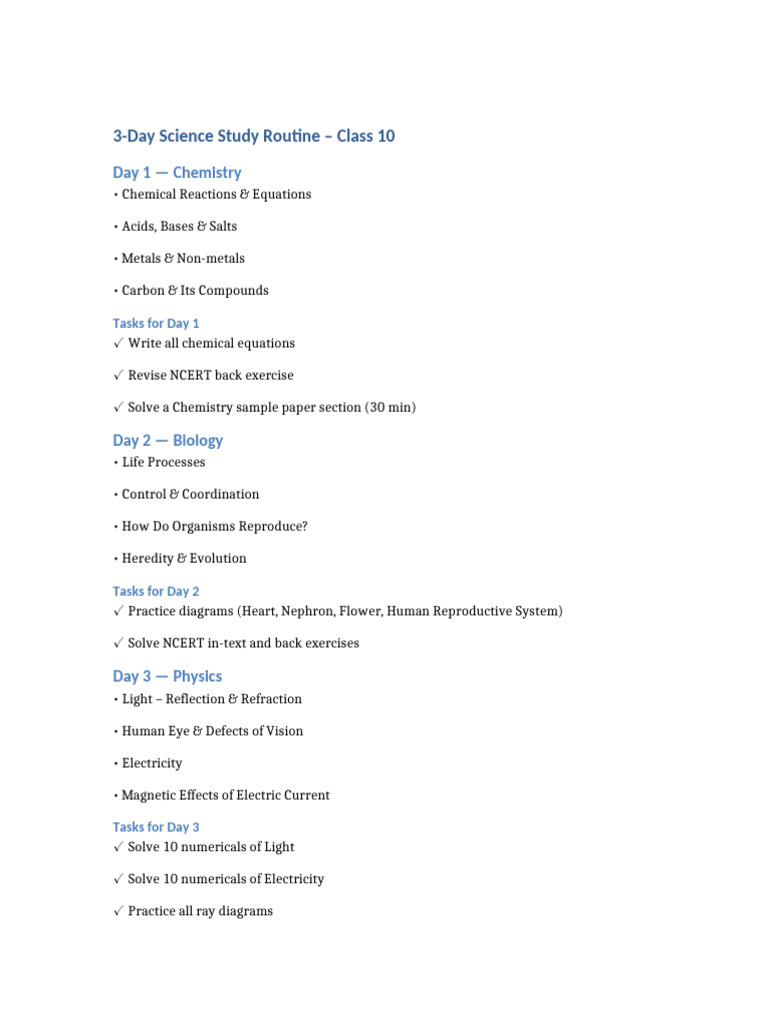 3 Day Science Study Routine Class10 | PDF