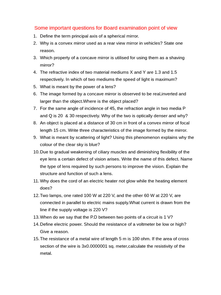 Some Important Questions For Board Examination Point of View | PDF