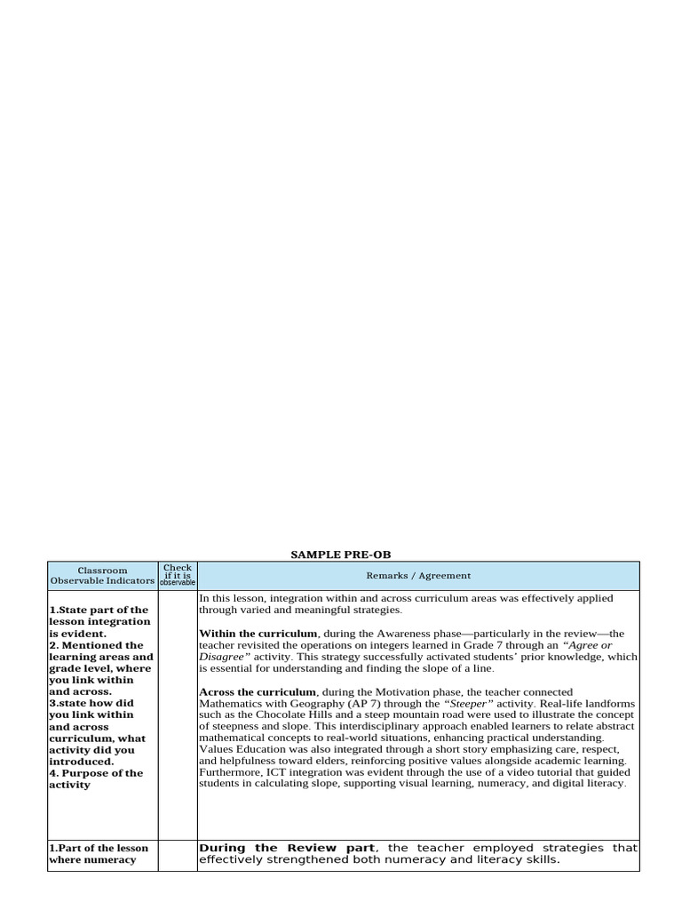 Sample Pre Observation | PDF | Educational Assessment | Learning