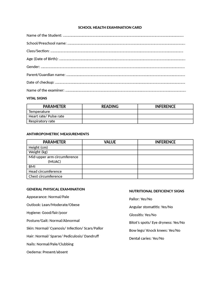 School Health Examination Card | PDF | Diseases And Disorders | Medical ...